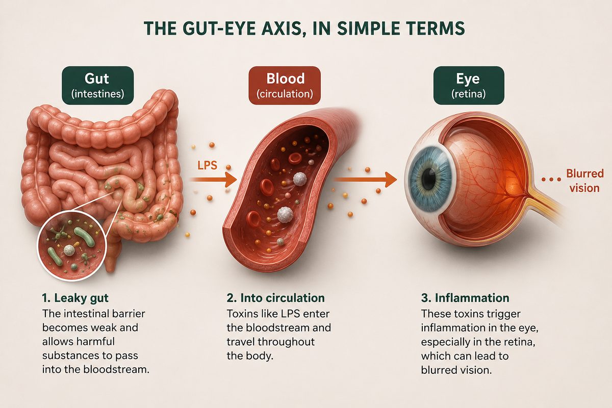 The gut-eye axis explained in three steps: 1. Leaky gut lets harmful substances into the bloodstream, 2. LPS toxins enter circulation and travel through the body, 3. Those toxins trigger inflammation in the retina, which can lead to blurred vision.