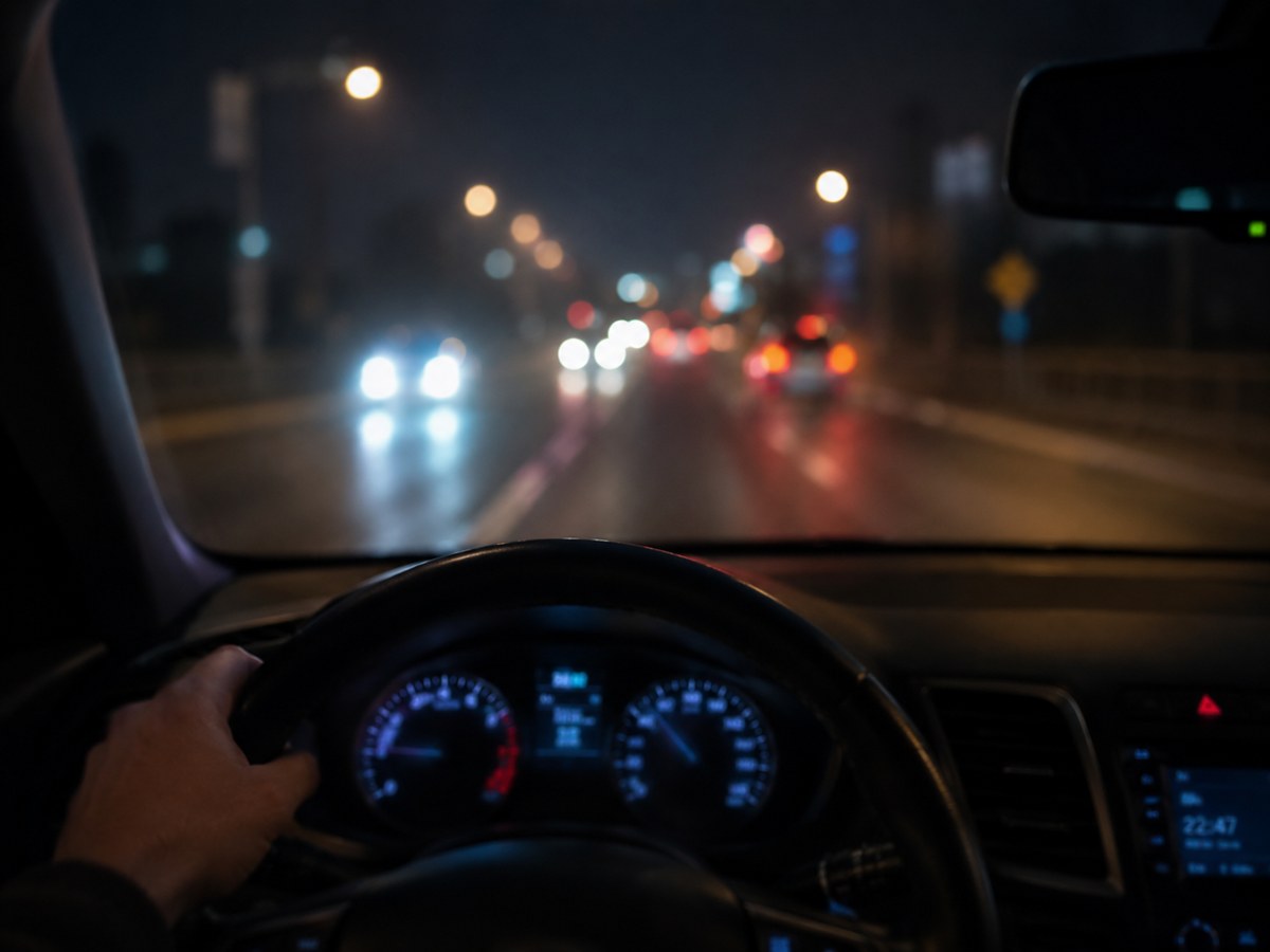 A driver's view of a rainy city street at night, with oncoming headlights blurred into bright halos.
