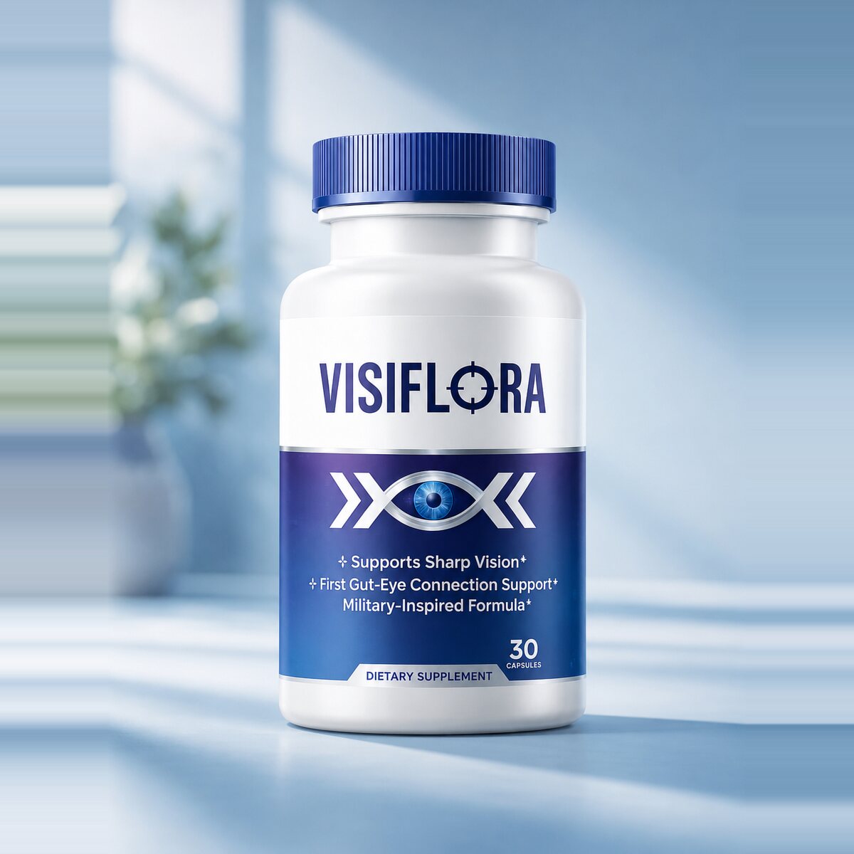 A bottle of VisiFlora on a light surface, label facing forward: Supports Sharp Vision, First Gut-Eye Connection Support, Military-Inspired Formula, 30 capsules.