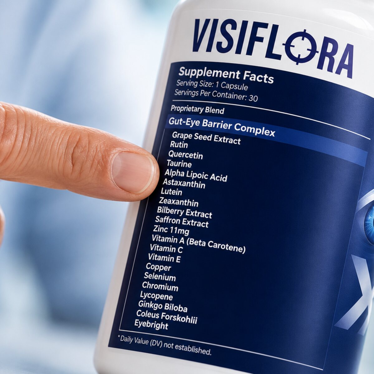 Close up of the VisiFlora supplement facts panel with a finger pointing at the Gut-Eye Barrier Complex block: grape seed extract, rutin, quercetin, taurine and the rest of the 22 ingredients.