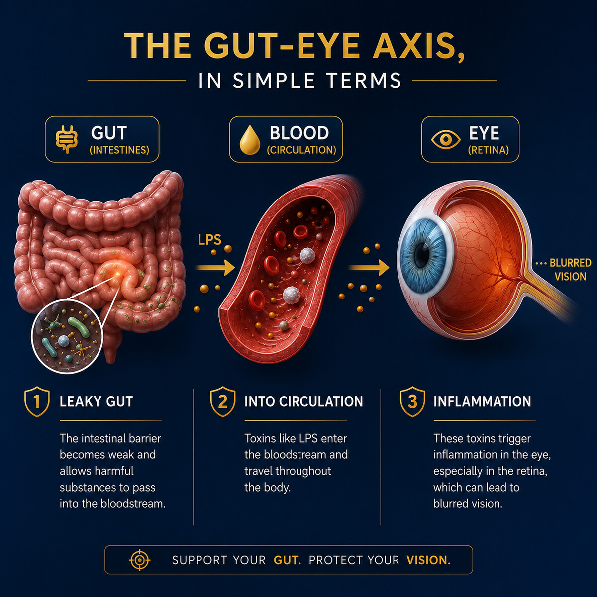 The gut-eye axis in three steps: the gut barrier weakens and leaks, LPS toxins enter the bloodstream, and those toxins reach the small vessels that feed the retina, causing blurred vision.