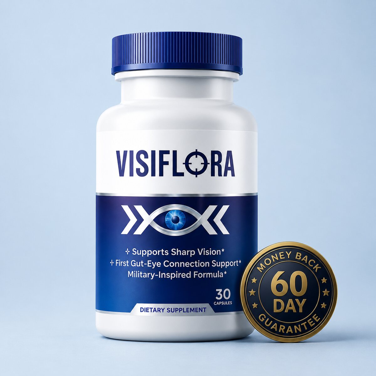 The VisiFlora bottle next to an embossed gold and navy seal reading 60 Day Money Back Guarantee.