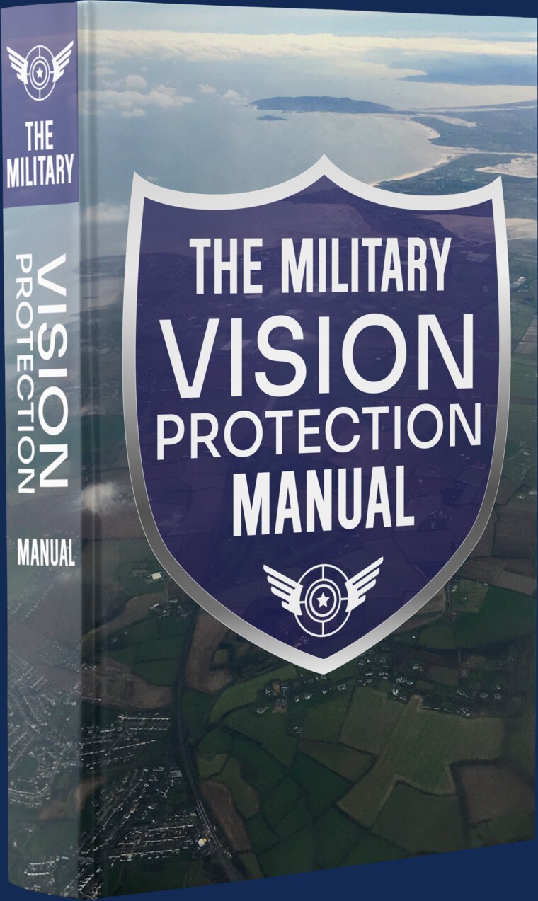 Cover of The Military Vision Protection Manual, a hardcover guide with a shield emblem over an aerial coastline photograph.