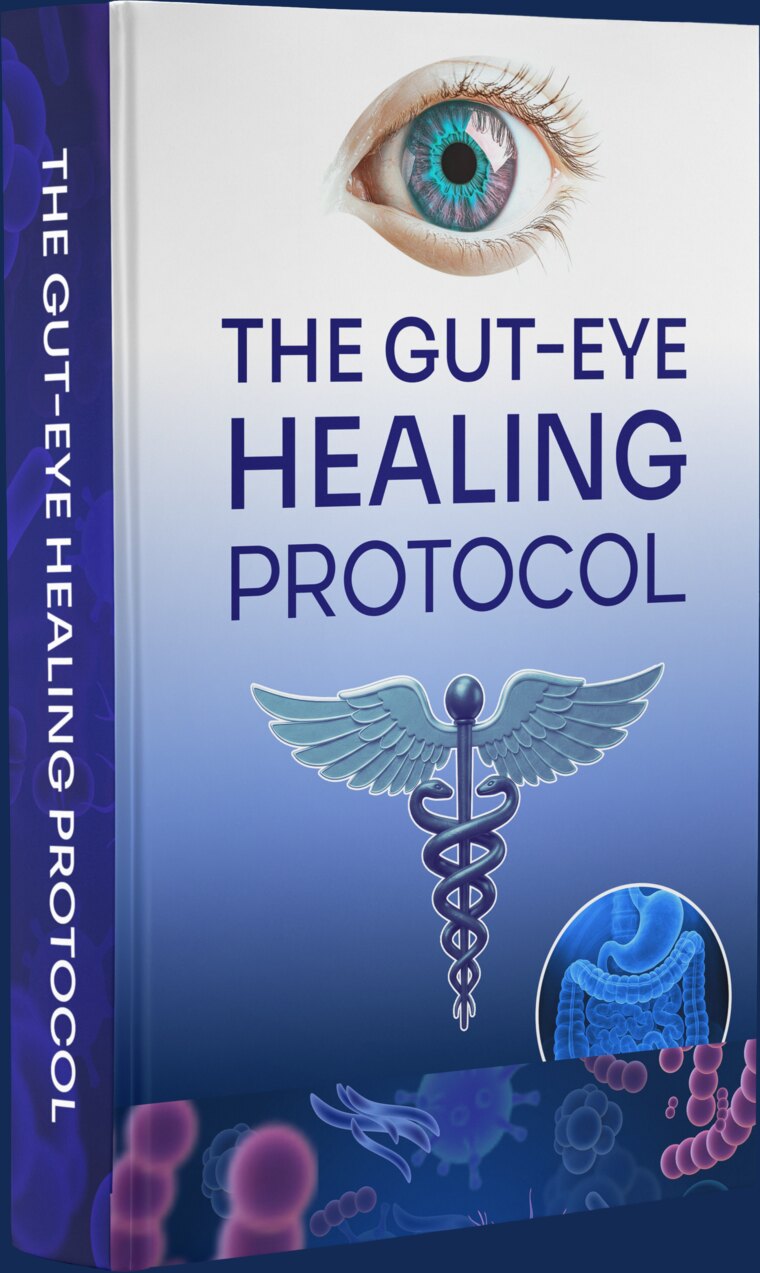 Cover of The Gut-Eye Healing Protocol, a hardcover guide showing an eye above a caduceus and an illustration of the gut.