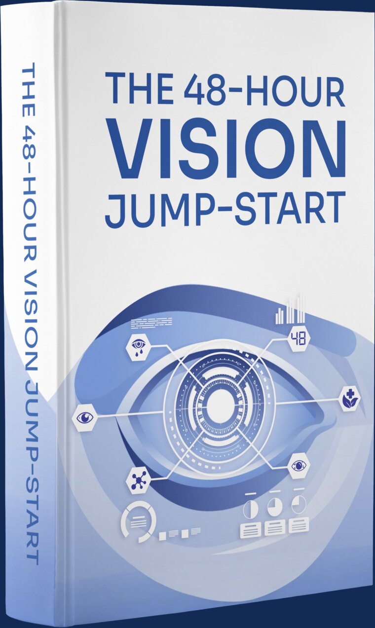 Cover of The 48-Hour Vision Jump-Start, a hardcover guide with a blue diagnostic-style eye diagram.