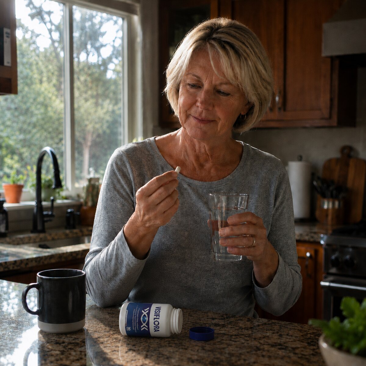 A woman in her fifties at her kitchen counter in the morning, one VisiFlora capsule between her fingers, a glass of water in the other hand, coffee and the open bottle on the counter.