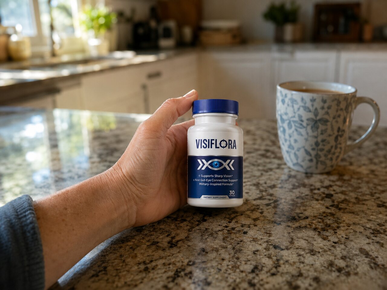The VisiFlora bottle held in one hand over a kitchen counter in the morning, a mug of coffee beside it. The label reads: Supports Sharp Vision, First Gut-Eye Connection Support, Military-Inspired Formula, 30 capsules.